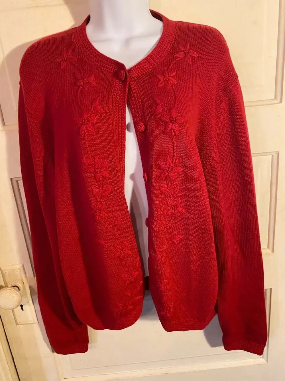Lands' End Red Floral Embroidered Button-Front Cardigan Sweater